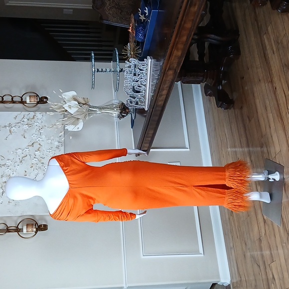 Women's Orange Off-Shoulder Furry Hem Maxi Dress. Size S - Picture 14 of 17